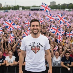 Man wearing white T-shirt with distressed Union Jack heart graphic and ‘NUFF’ SAID text.”in front of protest meeting, United Kingdom
