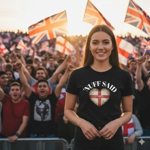 WOMAN WEARING A BLACK T SHIRT WITH ST GEORGE HEART SHAPE DISTRESSED FLAG ON. TEXT READING, NUFF SAID. IN FRONT OF CROWD WAVING UNION JACK FLAG
