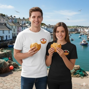 Man and woman in Cornish fishing village eating a pasty, wearing I Love Cornish Pasty unisex black and white T-shirt with cartoon pasty and red heart design — fun Cornish food lover gift and Cornwall-inspired apparel.”