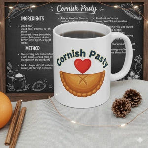 Cornish Pasty Mug, I Love Cornish Pasty Cup, Funny Cornish Gift, Cornwall Mug, Pasty Lover Gift, Cornish Coffee Cup, Foodie Gift Idea, Cornish Pride Mug, Cornwall Souvenir, Cornish Heritage Gift with pasty recipe in background