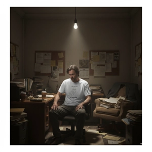 Man wearing a white t shirt standing in a scruffy office with Gary Oldman as Jackson lamb line drawing with text sorry about that it lingered