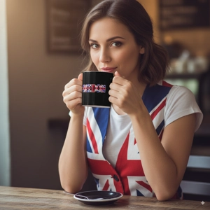 Woman wearing a Union Jack waistcoat drinking from 11oz ceramic coffee mug with 