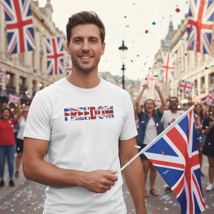 Man wearing, and waving Union Jack Freedom white T-Shirt, featuring bold typography filled with the Union Jack UK flag colours.