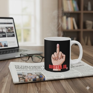 Anti-Digital ID 'Freedom Fist' black coffee mug on a wooden desk next to a newspaper and laptop, symbolizing UK civil liberties debate.