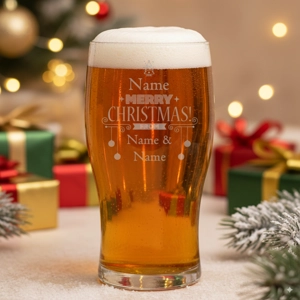 Gift Boxed Engraved Tulip Pint Glass with Merry Christmas From Design
FILLED WITH BEER AND HAS A FESTIVE BACKGROUND