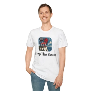 STOP THE BOATS T SHIRT COLOUR WHITE ,LION ON WHITE CLIFFS OF DOVER