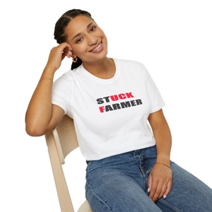 white  Stuck Farmer T-Shirt is a funny farmer tee designed as a political satire protest against Kier Starmer, as seen worn by Jeremy Clarkson.