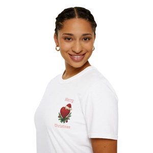 person wearing white festive Christmas t shirt with heart  and decorations design