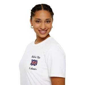 woman wearing a white  t shirt with operation raise the colours small logo union jack flag