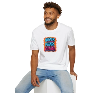 “Graffiti-style motivational quote T-shirt with the phrase ‘Never Let Your Fear Decide Your Future’ in bold blue, pink, and orange colors.”