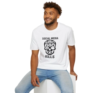 man wearing white Bold skull T-shirt made of social media icons with Social Media Kills text