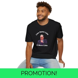 Man wearing black t shirt with Kier Starmer image and “LIES DAMN LIES AND MORE LIES” text