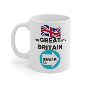 Reform uk coffee mug with union jack, reform uk logo, & text put great into britain left hand view