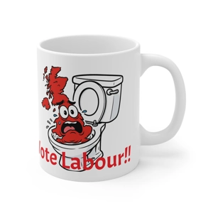 Britain is broken graphic showing the uk going down the toilet on white coffee mug