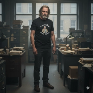 Jackson lamb slow horses caricature in untidy slough house office, wearing black   Personalised T-Shirt with Jackson Lamb Slow Horses TV Show eating ice cream