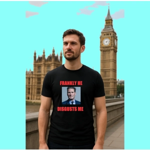 Man wearing a black t shirt with political theme text, Frankly Mr Starmer you Disgust Me features a picture of Keir Starmer outside houses of parliament