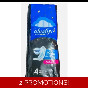 Always Maxi Profresh Night Sanitary Towels, 90 Towels (9 x 10 Packs), Odour Neutraliser, Super Absor