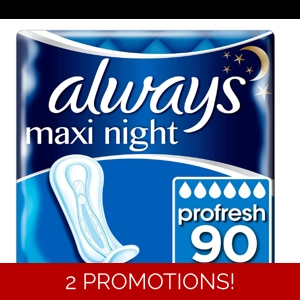 Always Maxi Profresh Night Sanitary Towels, 90 Towels (9 x 10 Packs), Odour Neutraliser, Super Absor