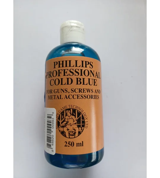 Phillips Professional Cold Blue 250ml displayed in The Country Sports Store Workshop Collection advert. Traditional cold bluing solution designed to restore worn bluing, touch up scratches and protect steel firearm barrels, actions and metal components.