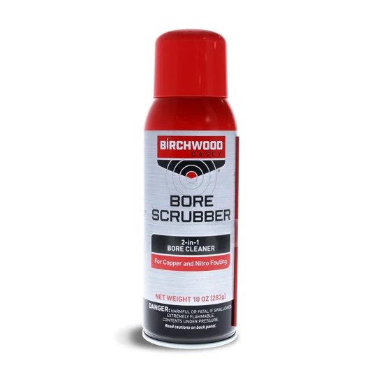 Birchwood Casey Bore Scrubber Spray displayed in The Country Sports Store Workshop Collection advert. Fast-acting aerosol bore cleaner formulated to remove carbon, copper, lead and powder fouling from rifles, shotguns, pistols and other firearm components.