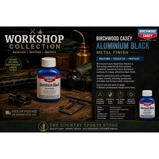Birchwood Casey Aluminium Black 90ml metal finish for restoring scratched and worn aluminium firearm components.