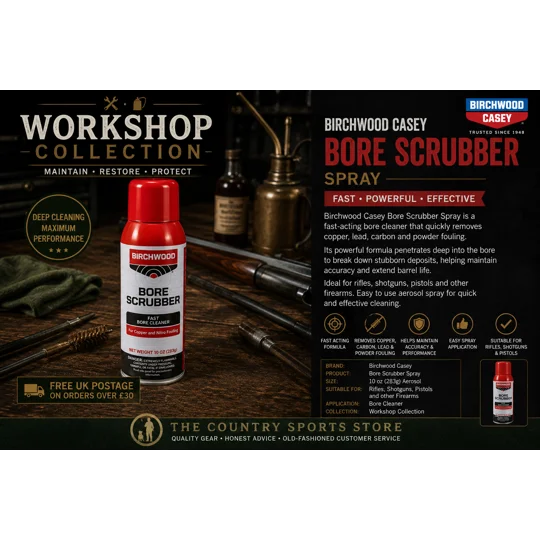 Birchwood Casey Bore Scrubber Spray displayed in The Country Sports Store Workshop Collection advert. Fast-acting aerosol bore cleaner formulated to remove carbon, copper, lead and powder fouling from rifles, shotguns, pistols and other firearm components.