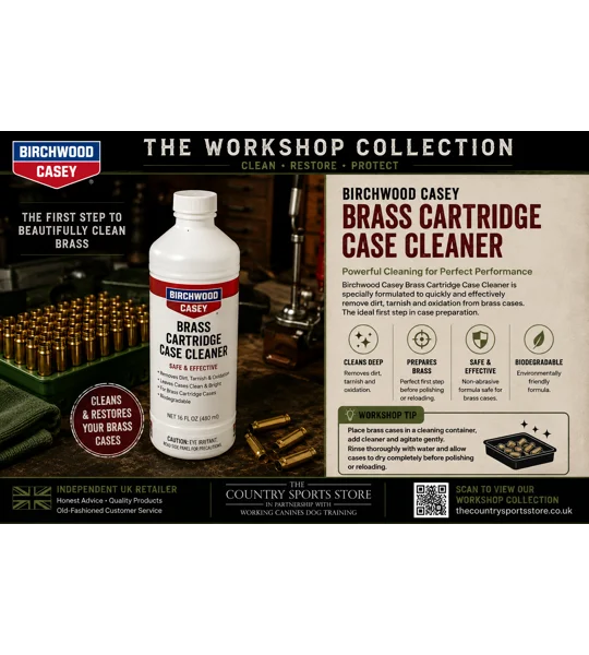 Birchwood Casey Brass Cartridge Case Cleaner displayed in The Country Sports Store Workshop Collection advert. Cleaning solution designed to remove dirt, carbon residue and tarnish from brass cartridge cases, preparing them for reloading while restoring a bright, polished finish.