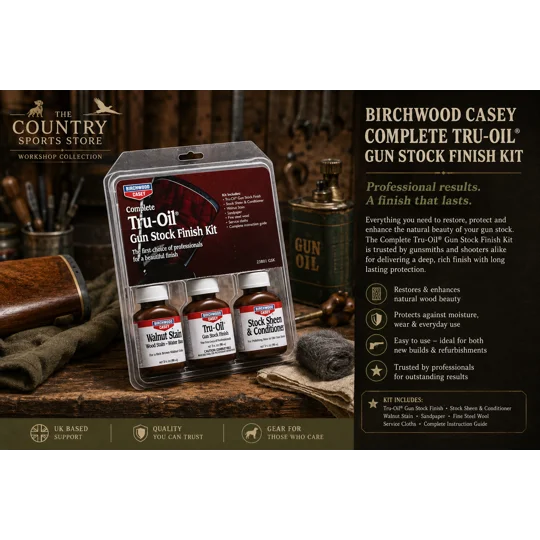 Birchwood Casey Complete Tru-Oil Gun Stock Finish Kit containing Tru-Oil finish, walnut stain, stock sheen conditioner and accessories for restoring wooden gun stocks.