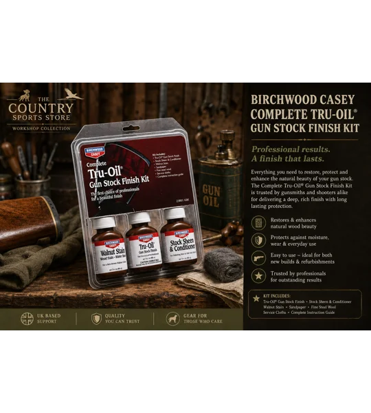 Birchwood Casey Complete Tru-Oil Gun Stock Finish Kit containing Tru-Oil finish, walnut stain, stock sheen conditioner and accessories for restoring wooden gun stocks.