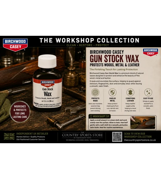 Birchwood Casey Gun Stock Wax displayed in The Country Sports Store Workshop Collection advert. Premium protective wax designed to nourish and protect wooden gun stocks, metal components and leather while leaving a durable satin finish.