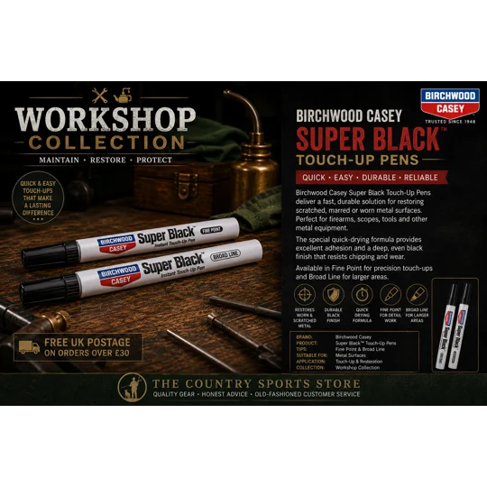 Birchwood Casey Super Black Touch-Up Pens featuring fine and broad tip applicators for restoring scratched black metal finishes on firearms, scopes and shooting accessories.