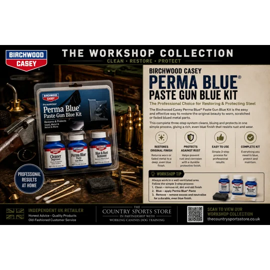 Birchwood Casey Perma Blue Paste Gun Blue Kit containing Perma Blue paste, Cleaner-Degreaser and Blue & Rust Remover for firearm refinishing.
