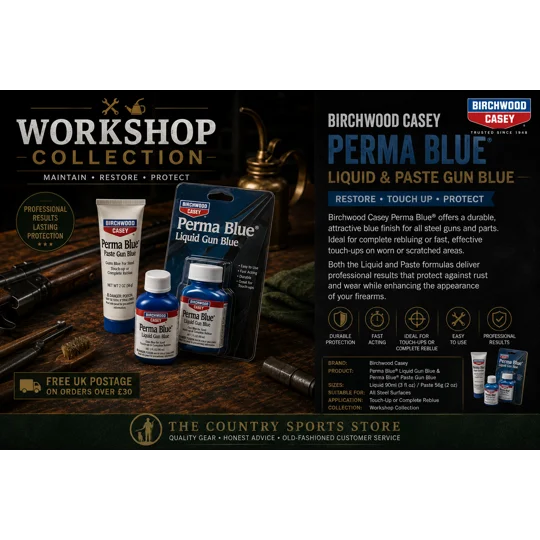Birchwood Casey Perma Blue Liquid Gun Blue and Paste Gun Blue displayed in The Country Sports Store Workshop Collection advert. Professional cold bluing products for restoring scratched, worn or faded blued finishes on steel rifles, shotguns, pistols and firearm components.