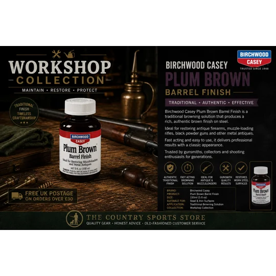 Birchwood Casey Plum Brown Barrel Finish workshop collection advert featuring traditional firearm browning solution for restoring antique firearms, muzzle-loading rifles and steel gun barrels.