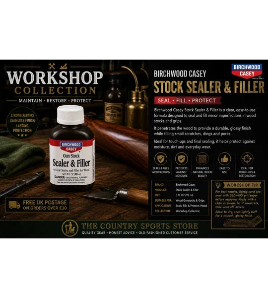 Birchwood Casey Gun Stock Sealer & Filler displayed in The Country Sports Store Workshop Collection advert. Professional wood sealer designed to fill pores, seal the grain and prepare rifle and shotgun stocks for refinishing and restoration.