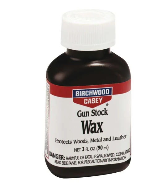 Birchwood Casey Gun Stock Wax Workshop Collection advert for protecting wooden gun stocks, metal and leather surfaces.