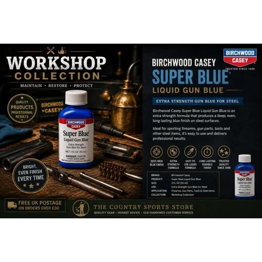 Birchwood Casey Super Blue Liquid Gun Blue 90ml extra-strength cold bluing solution for restoring steel firearm finishes.