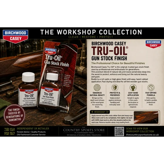 Birchwood Casey Tru-Oil Gun Stock Finish displayed in The Country Sports Store Workshop Collection advert. Premium gun stock oil designed to enhance natural wood grain while providing a durable hand-rubbed finish for rifles and shotguns.