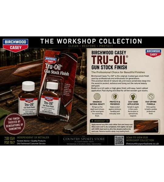 Birchwood Casey Tru-Oil Gun Stock Finish displayed in The Country Sports Store Workshop Collection advert. Premium gun stock oil designed to enhance natural wood grain while providing a durable hand-rubbed finish for rifles and shotguns.