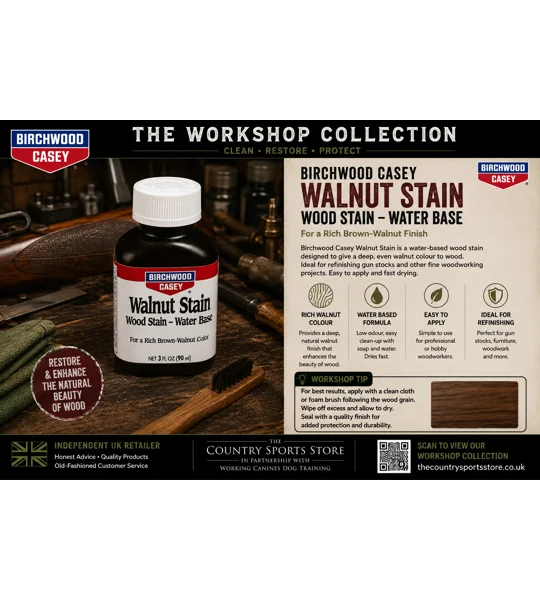 Birchwood Casey Walnut Stain displayed in The Country Sports Store Workshop Collection advert. Water-based wood stain designed to restore the natural colour of rifle and shotgun stocks while enhancing the beauty of the wood grain before finishing.