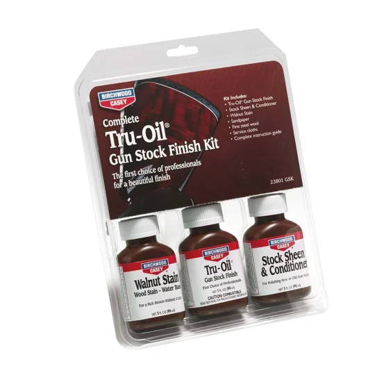 Birchwood Casey Complete Tru-Oil Gun Stock Finish Kit containing Tru-Oil finish, walnut stain, stock sheen conditioner and accessories for restoring wooden gun stocks.