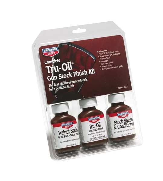 Birchwood Casey Complete Tru-Oil Gun Stock Finish Kit containing Tru-Oil finish, walnut stain, stock sheen conditioner and accessories for restoring wooden gun stocks.