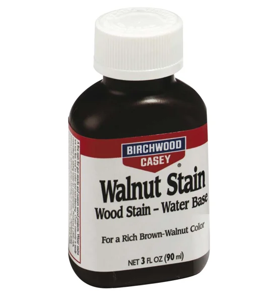 Birchwood Casey Walnut Stain Workshop Collection advert for restoring and refinishing wooden gun stocks.