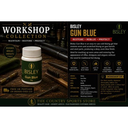 Bisley Gun Blue Workshop Collection advert featuring cold bluing gel for restoring worn gun barrels and steel firearm components.