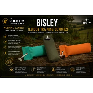 Bisley 1lb canvas dog training dummies in Green, Khaki and Orange for gundog retrieval training