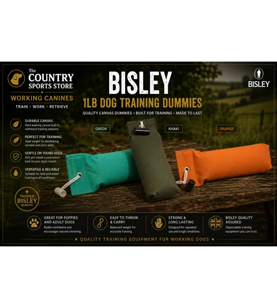 Bisley 1lb canvas dog training dummies in Green, Khaki and Orange for gundog retrieval training