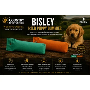 Bisley 1/2lb puppy training dummies in Green and Orange with no-toggle design for early retrieve training