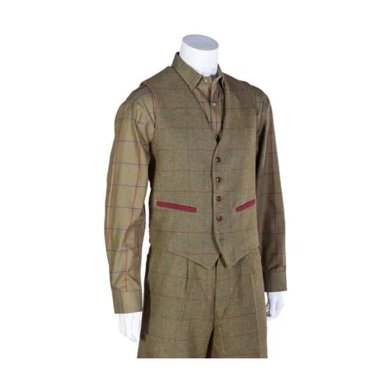 Bonart Alford men's tweed waistcoat in traditional country check with contrast pocket trim.