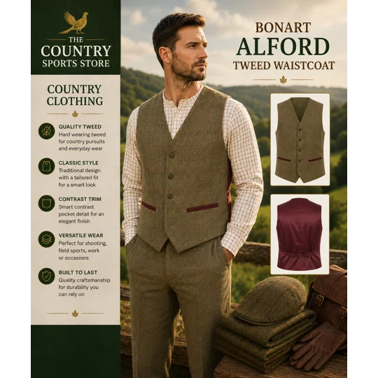 Bonart Alford men's tweed waistcoat in traditional country check with contrast pocket trim.