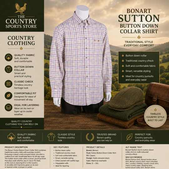 Bonart Sutton men's button down collar shirt in a traditional multi-coloured country check.